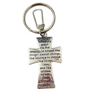 Serenity Prayer Cross Zipper Pull Bag Charm Keychain Keyring Silver Tone AA NA